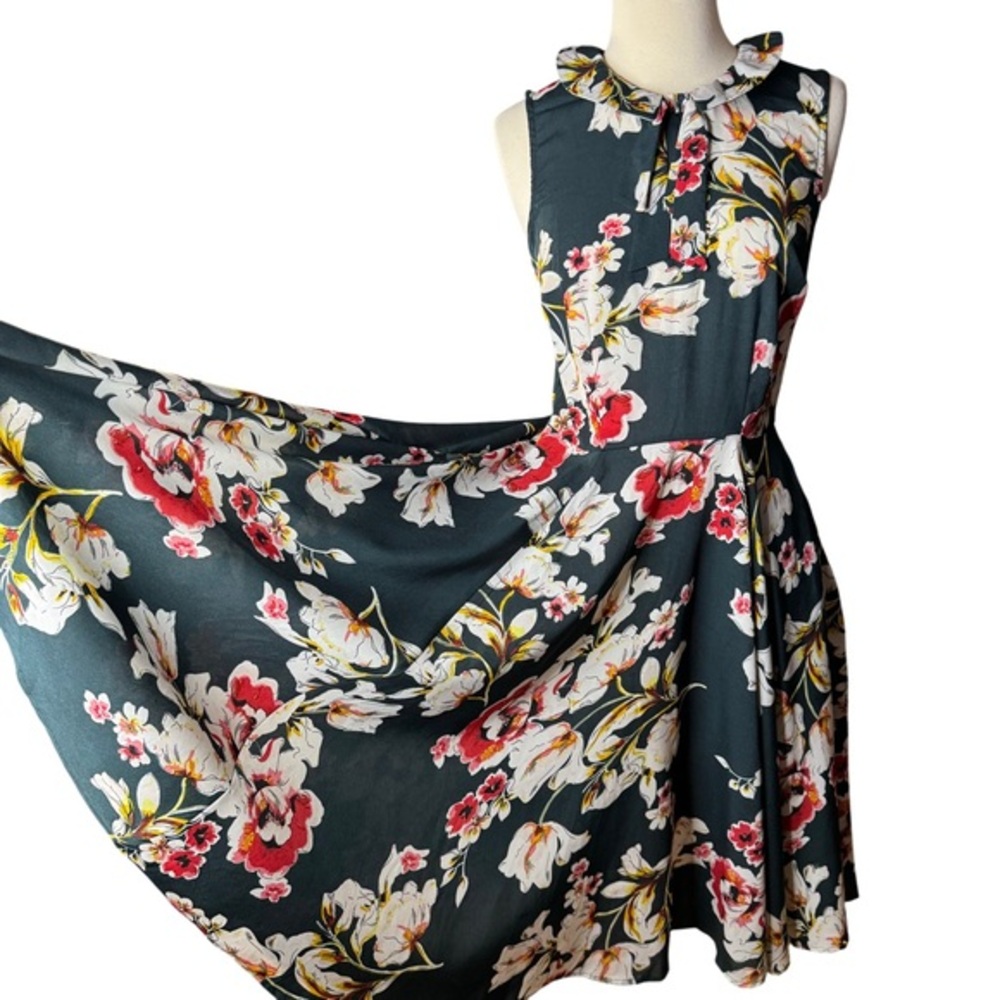 Unique Vintage Dark Teal Floral Midi Dress